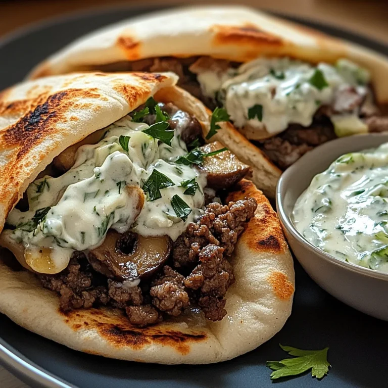 Cheesy Beef and Mushroom Pita Pockets with Tzatziki Sauce