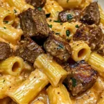 Cajun Steak Tips in Cheesy Rigatoni Parmesan Sauce
