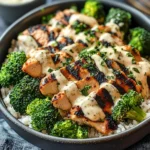 Grilled Chicken & Broccoli Bowls with Creamy Garlic Sauce