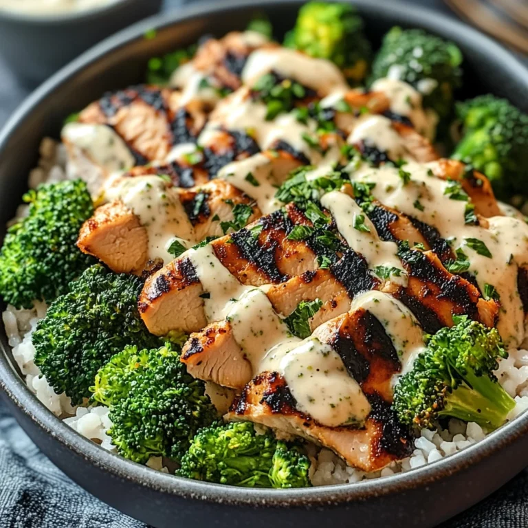 Grilled Chicken & Broccoli Bowls with Creamy Garlic Sauce